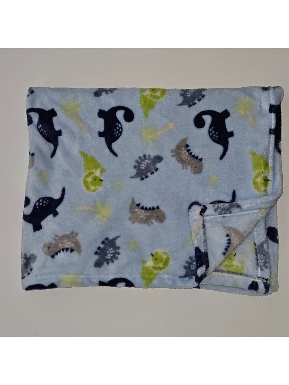 Parent's Choice Blue Dinosaur Fleece Baby Blanket Gray Green Trees 30x36 SOFT